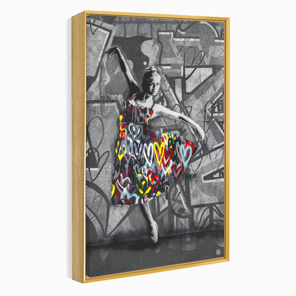 Tablou canvas cu tablou canvas cu balerina stilizata, in rama de aluminiu auriu